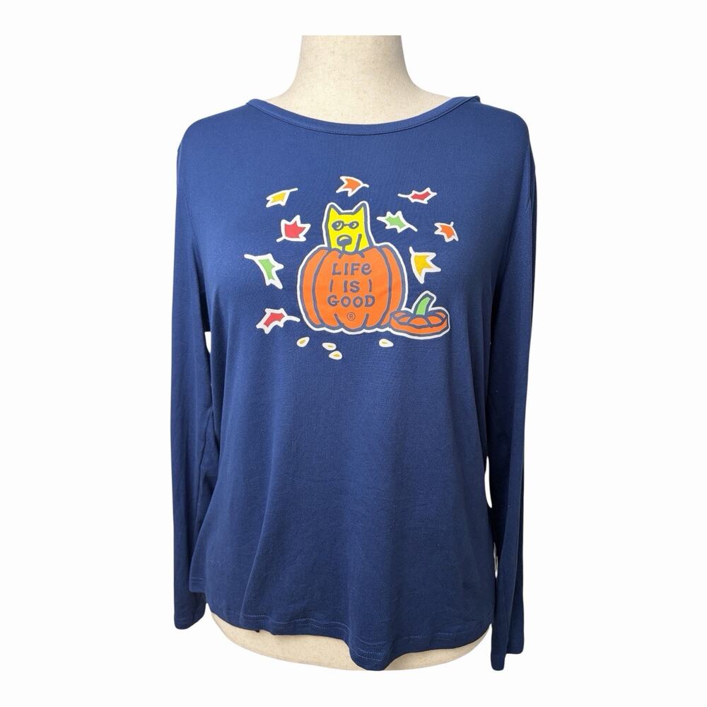 Life is Good Sleep Womens XL Pumpkin Long Sleeve Pajama Top Fall Navy Blue